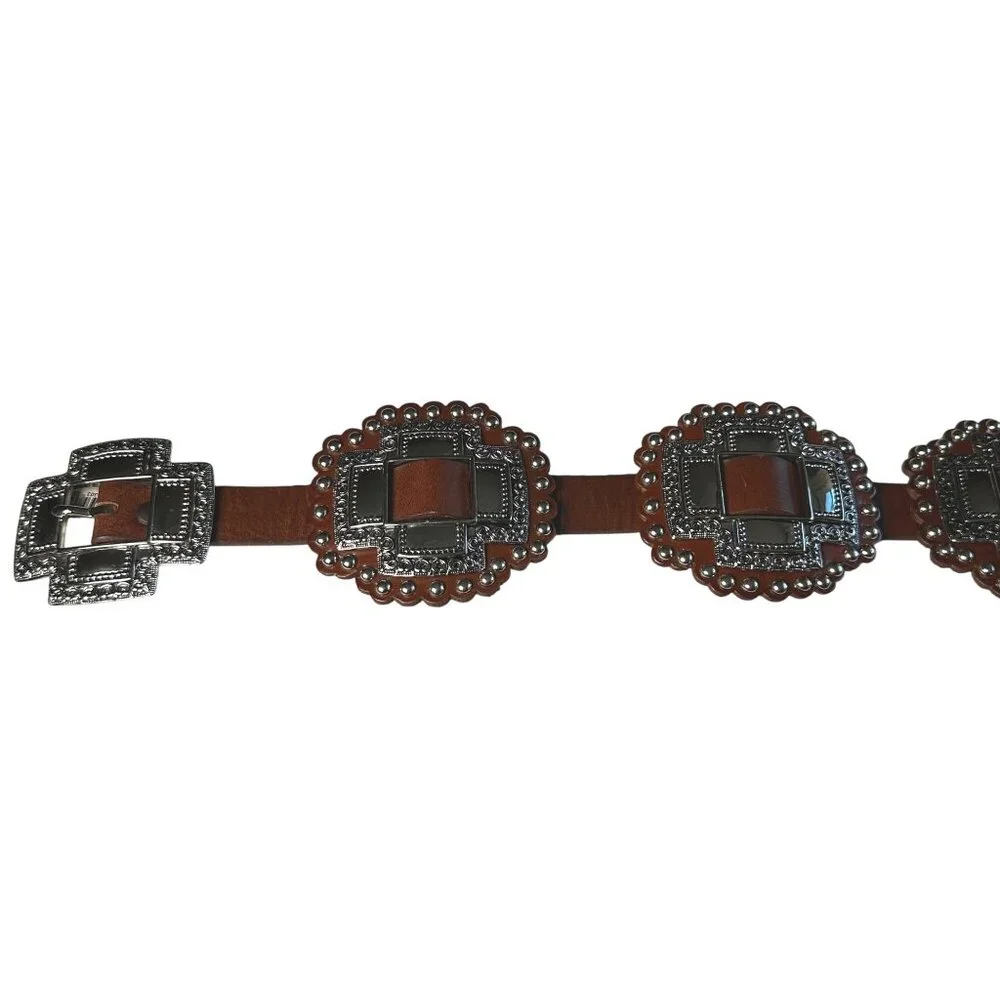Vintage 80s Leather Concho Belt Brown Silver Hardware Heavy Western Large - Picture 6 of 10